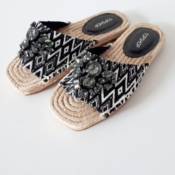 NWT Topshop black & white textile smoked crystal bejewelled flat slide sandals - Picture 8 of 12